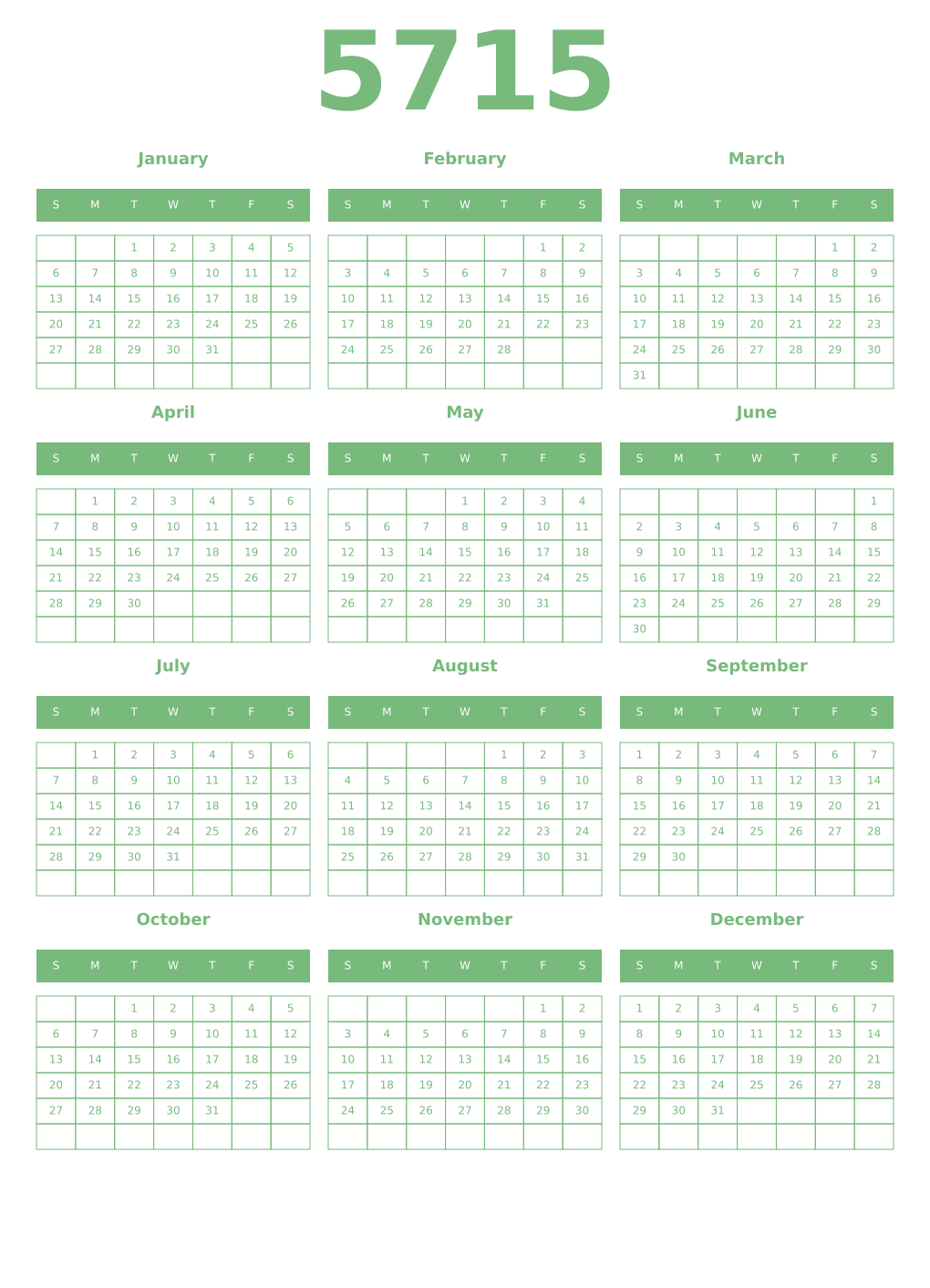 Printable 5715 Year Calendars celadon