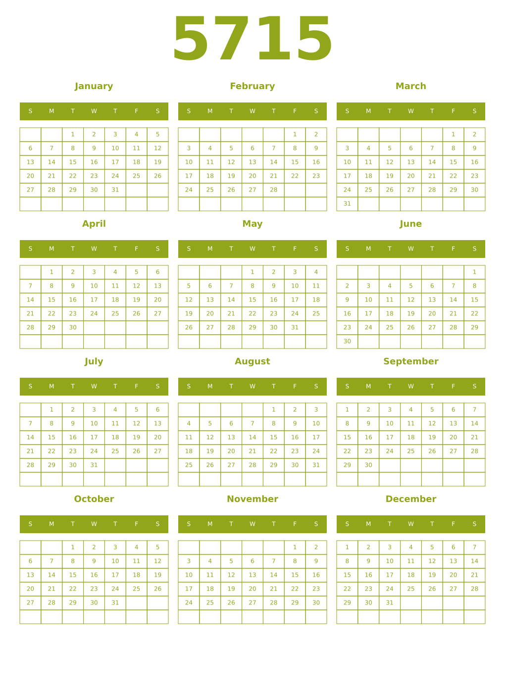 Printable 5715 Year Calendars chartreuse