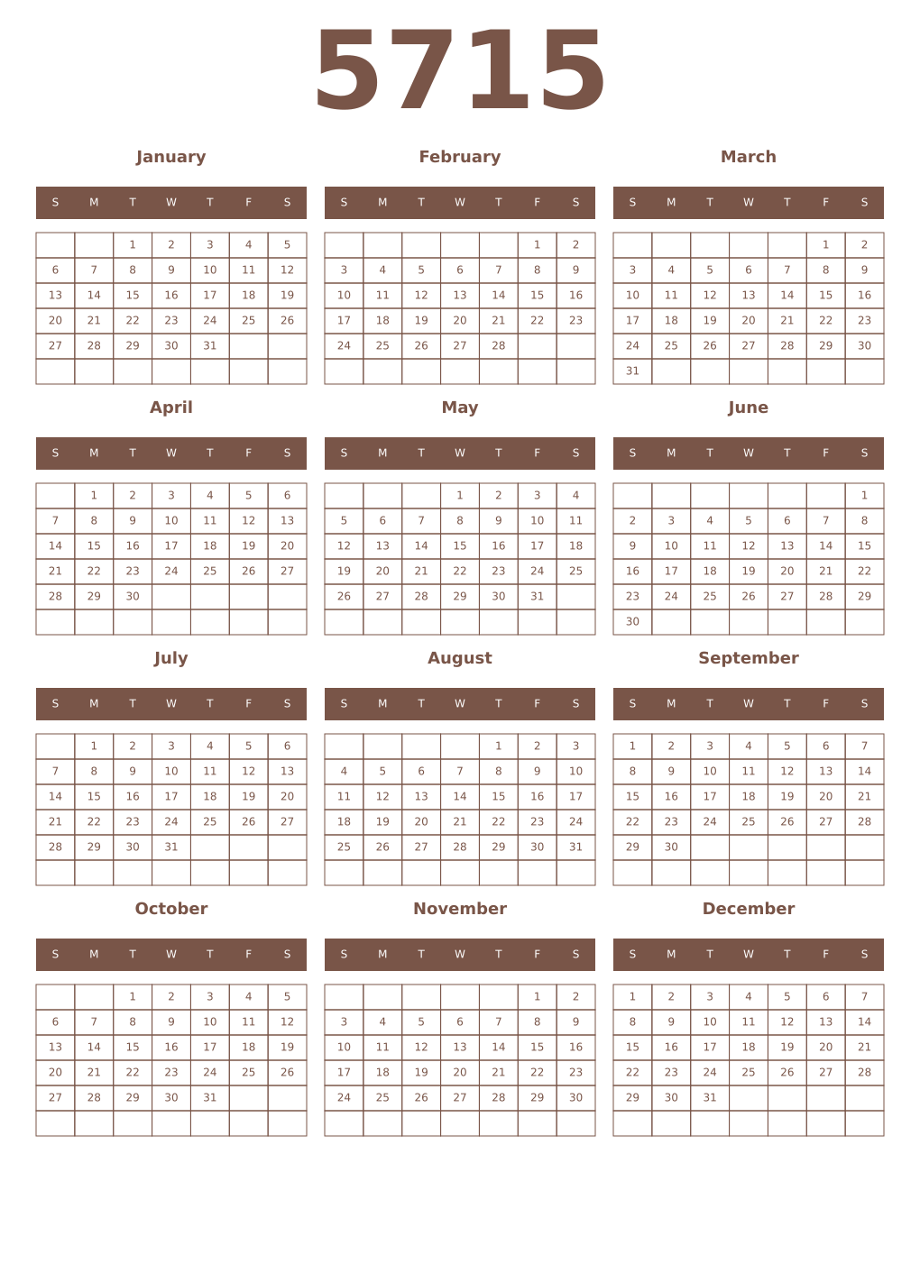 Printable 5715 Year Calendars coffe