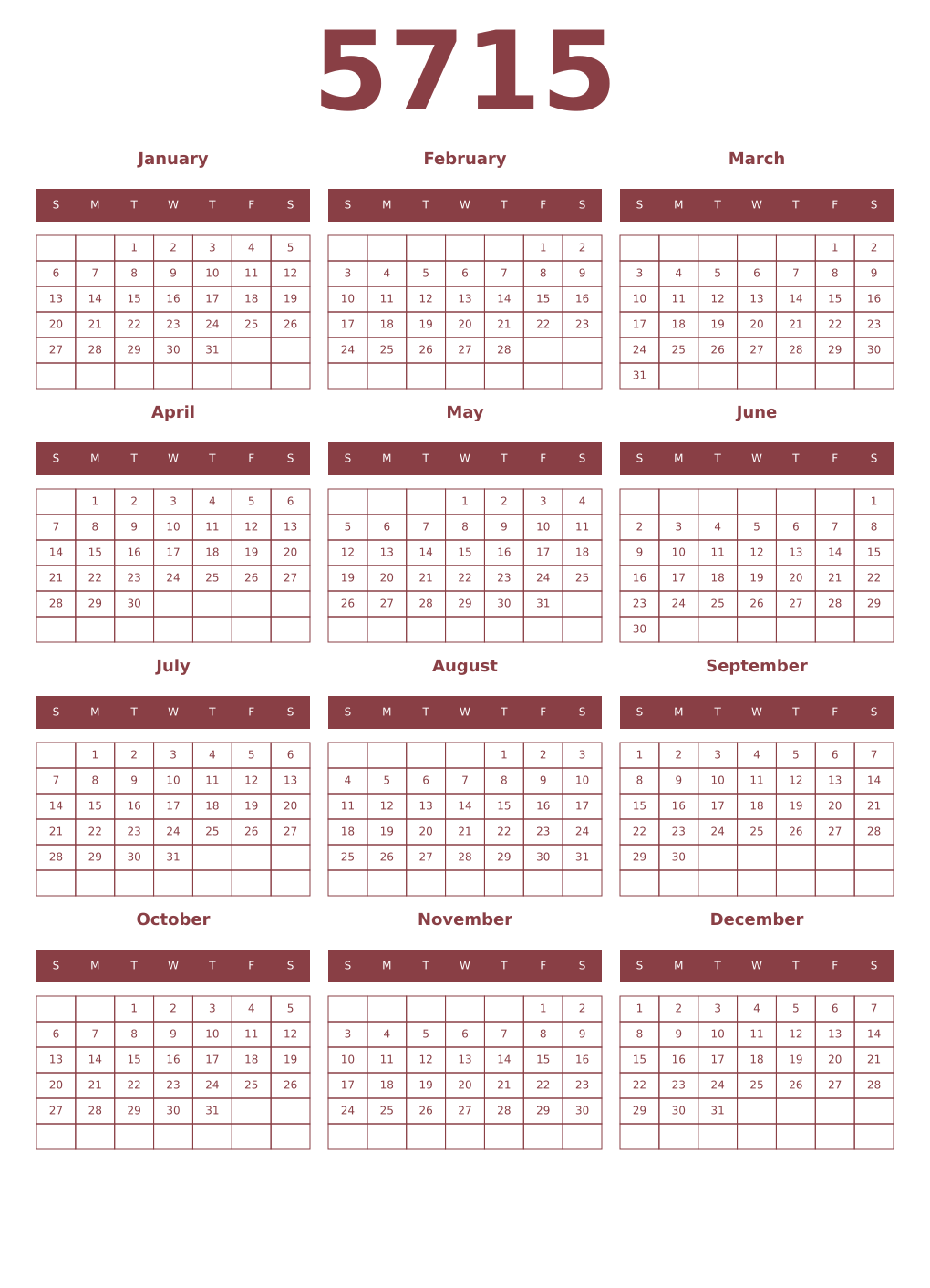 Printable 5715 Year Calendars cordovan