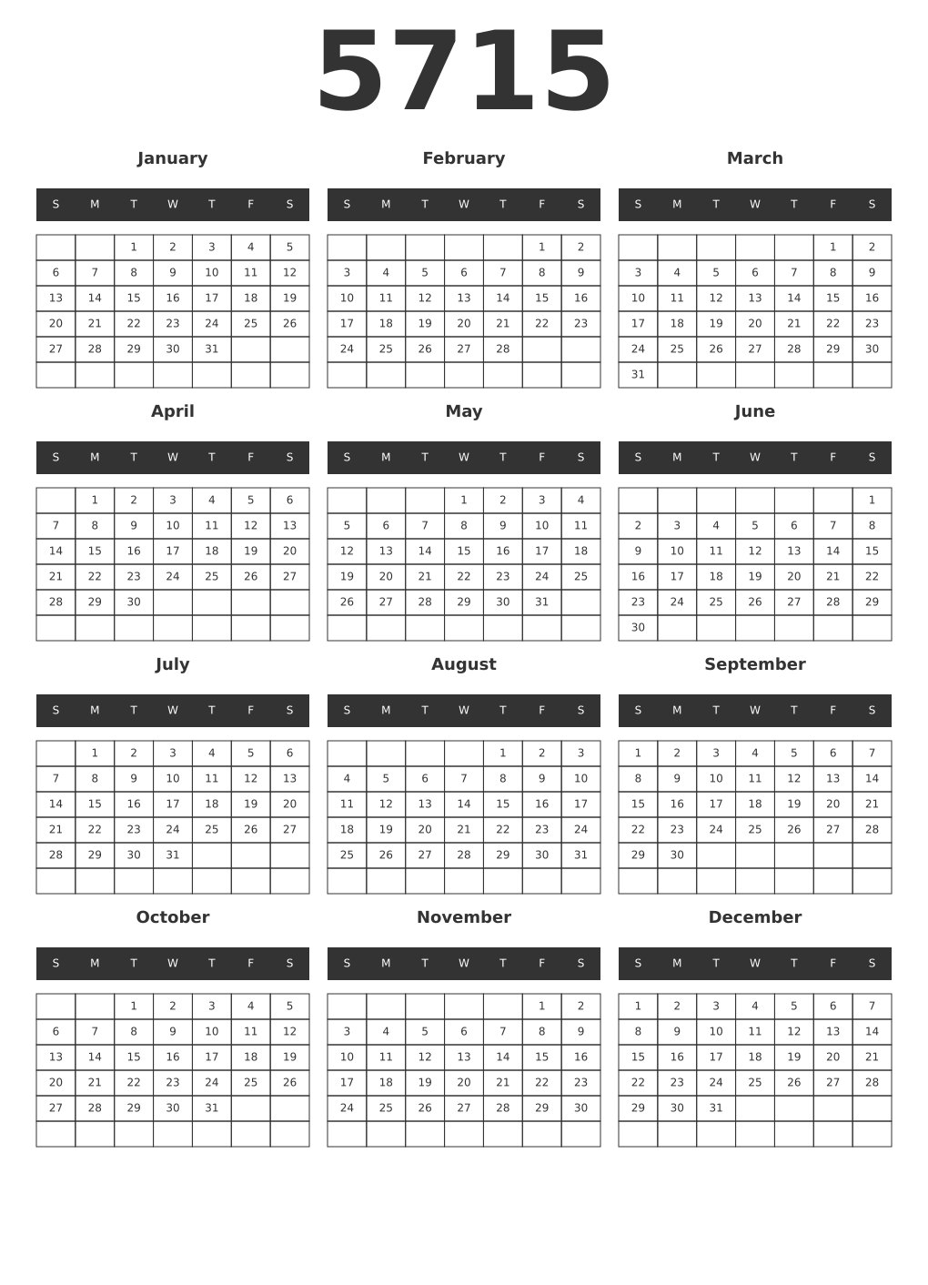 Printable 5715 Year Calendars dark
