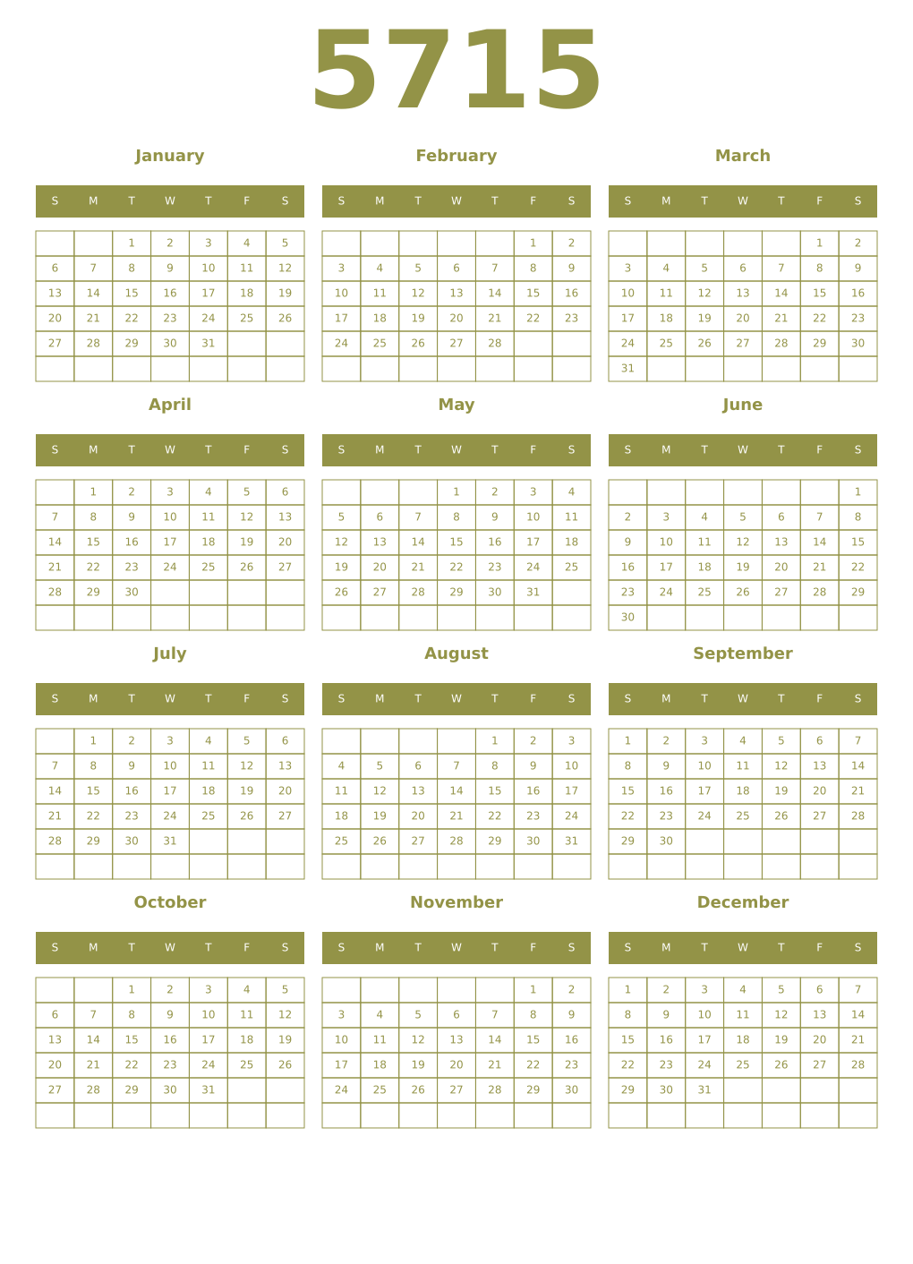 Printable 5715 Year Calendars eburnean