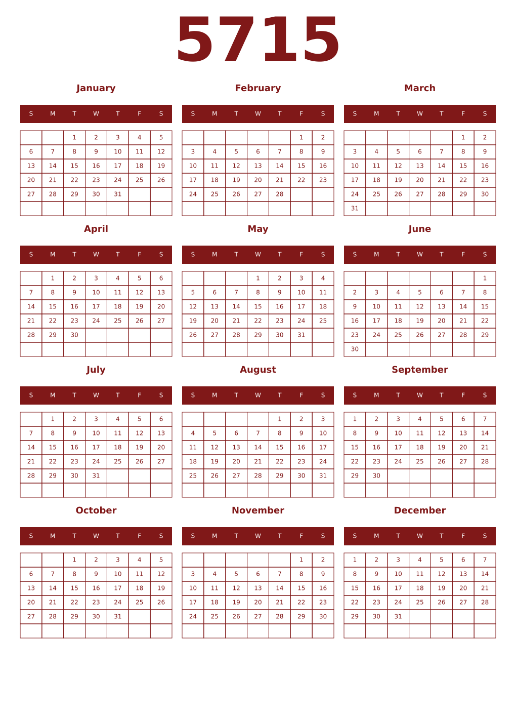 Printable 5715 Year Calendars falu