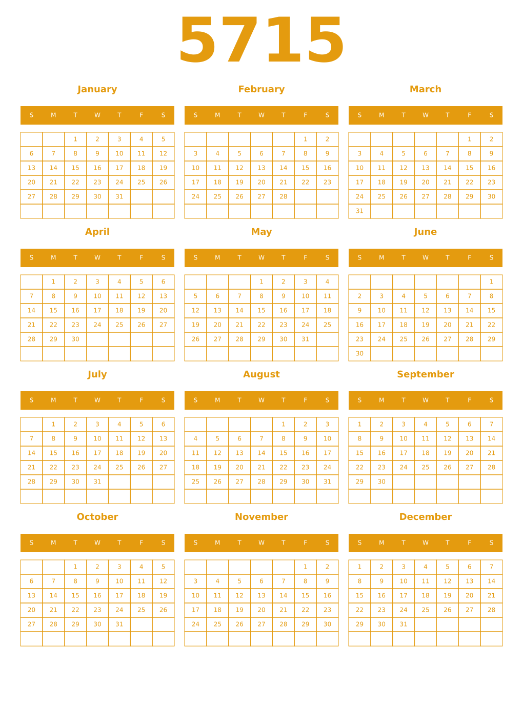 Printable 5715 Year Calendars gamboge