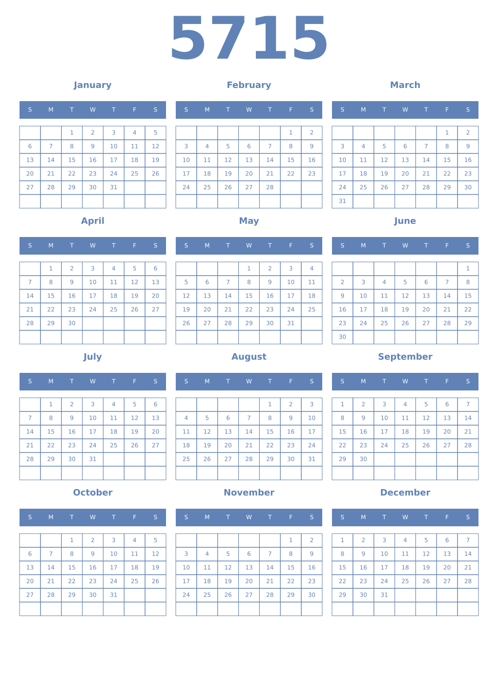 Printable 5715 Year Calendars glaucous