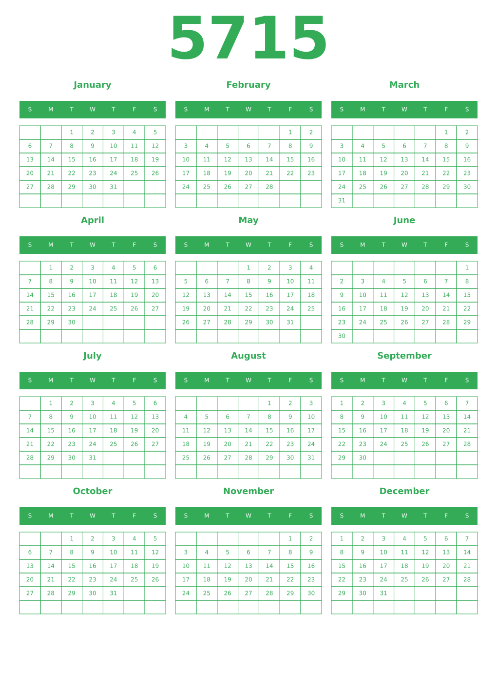 Printable 5715 Year Calendars green