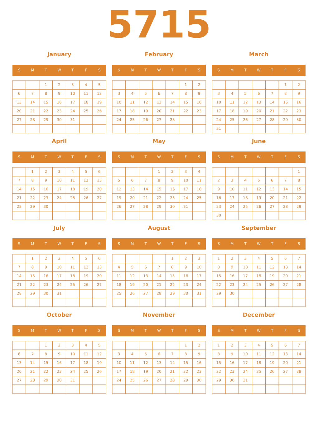 Printable 5715 Year Calendars orange