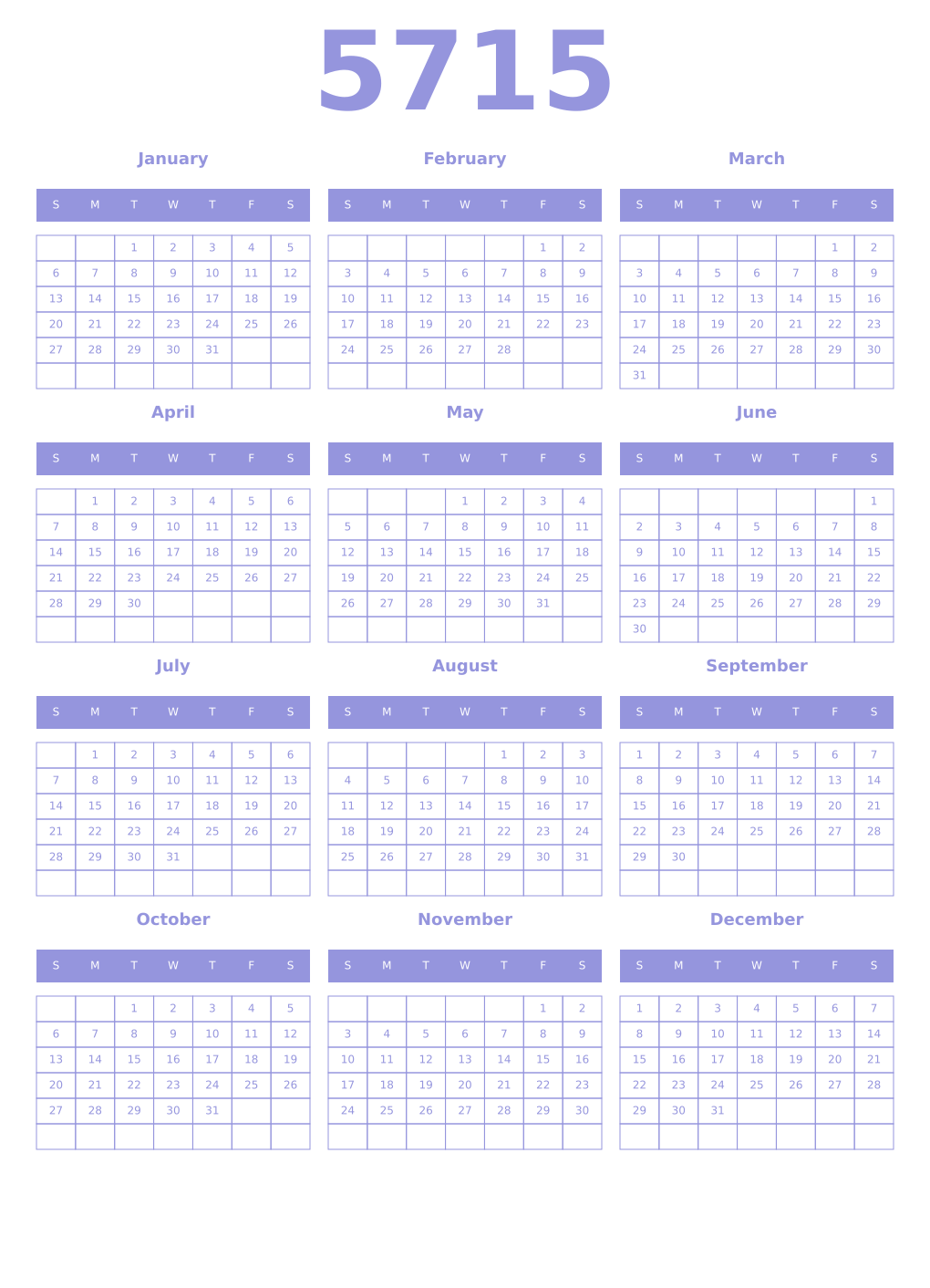 Printable 5715 Year Calendars periwinkle