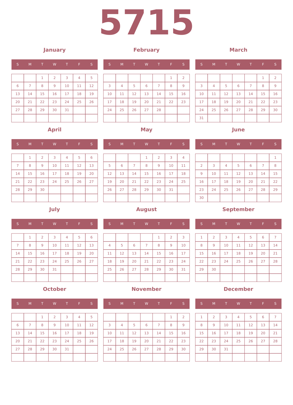 Printable 5715 Year Calendars puce