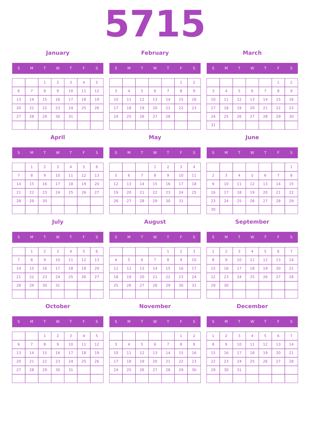 Printable 5715 Year Calendars purple