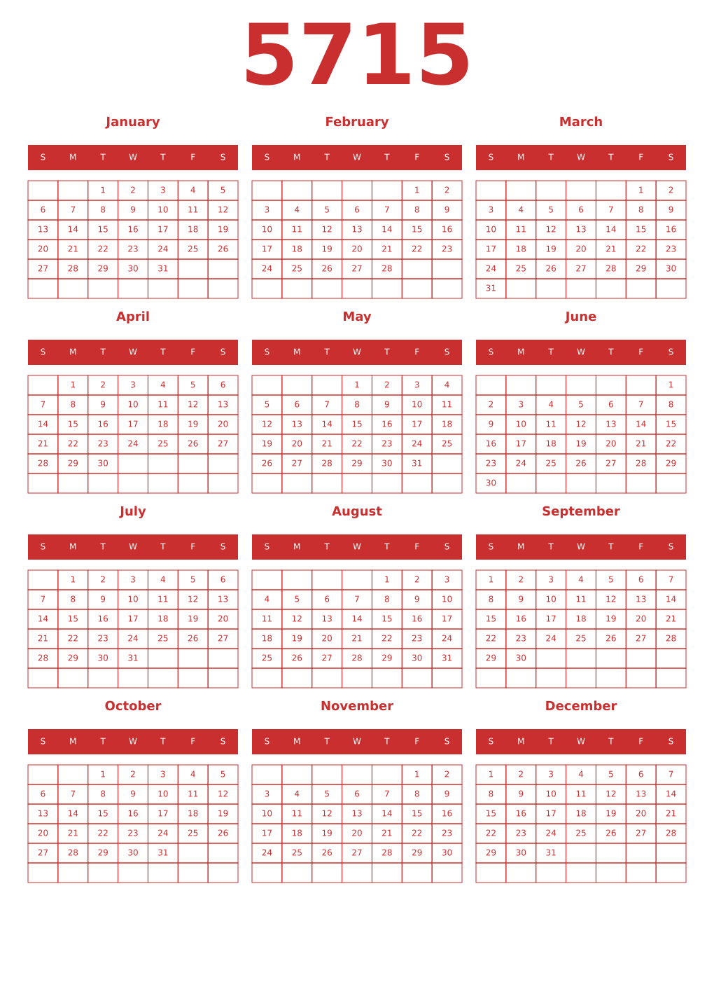 Printable 5715 Year Calendars red