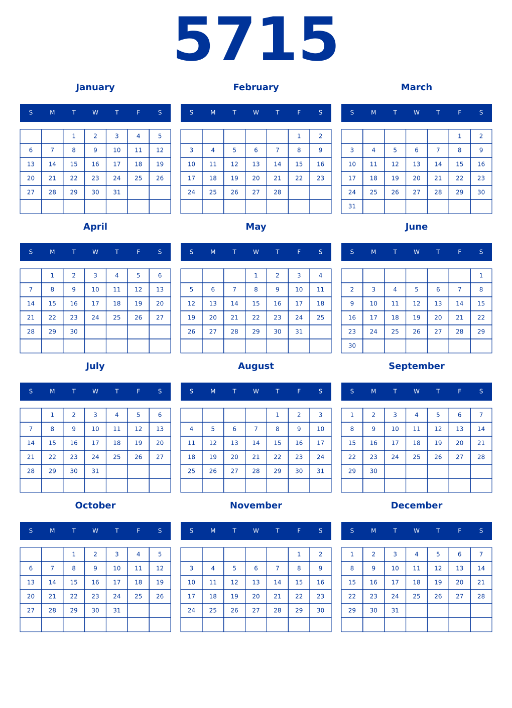 Printable 5715 Year Calendars smalt
