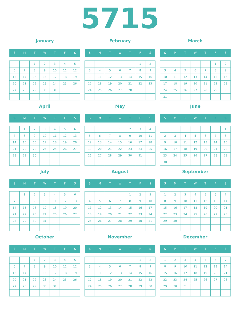 Printable 5715 Year Calendars verdigris