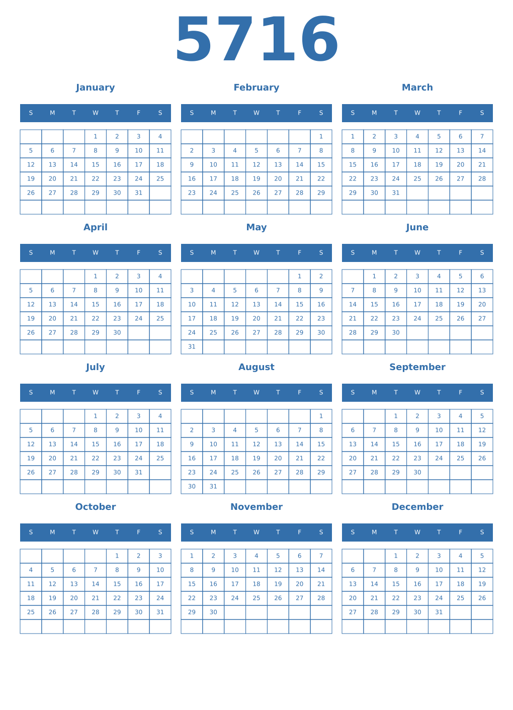 Printable 5716 Year Calendars blue