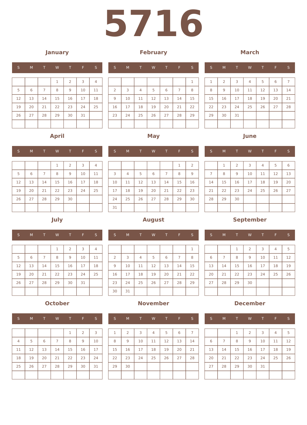 Printable 5716 Year Calendars coffe