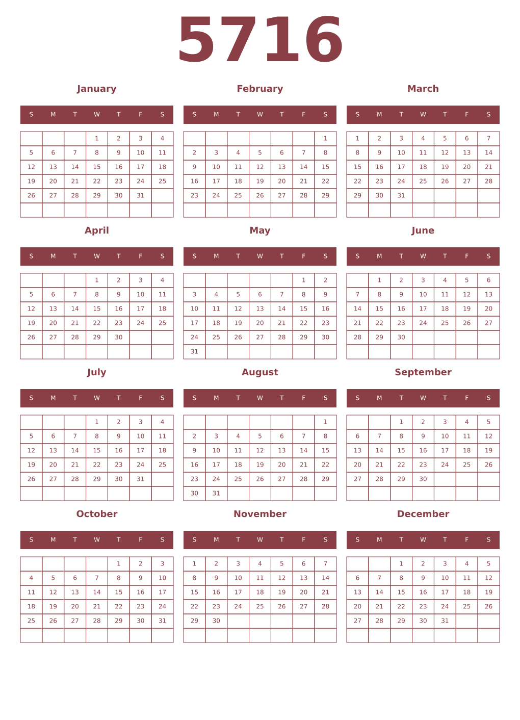Printable 5716 Year Calendars cordovan
