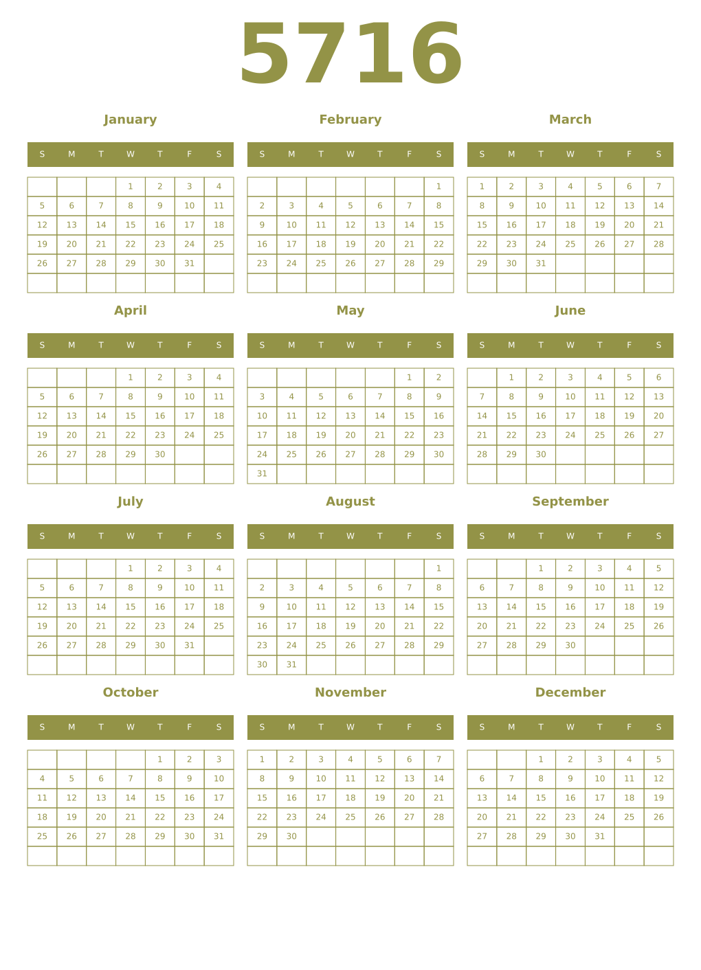 Printable 5716 Year Calendars eburnean