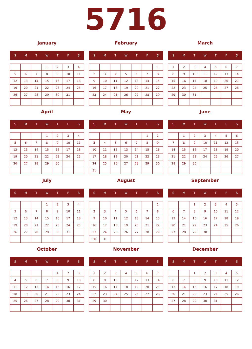 Printable 5716 Year Calendars falu
