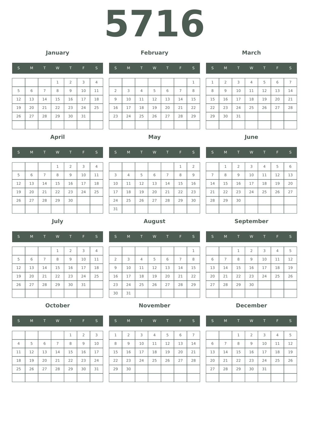 Printable 5716 Year Calendars feldgrau