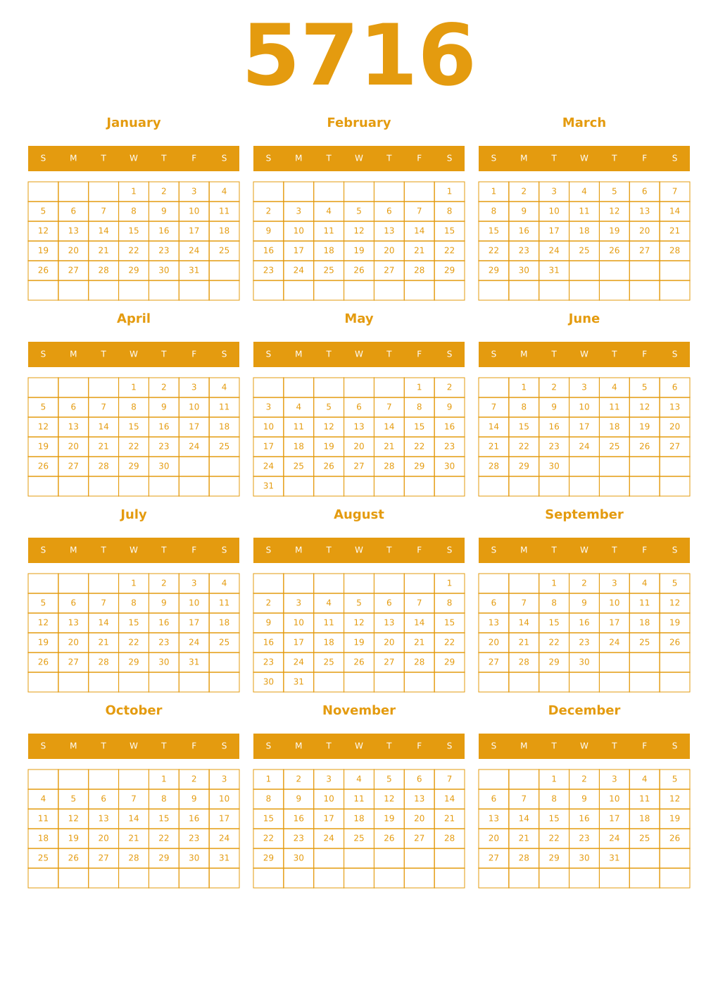Printable 5716 Year Calendars gamboge