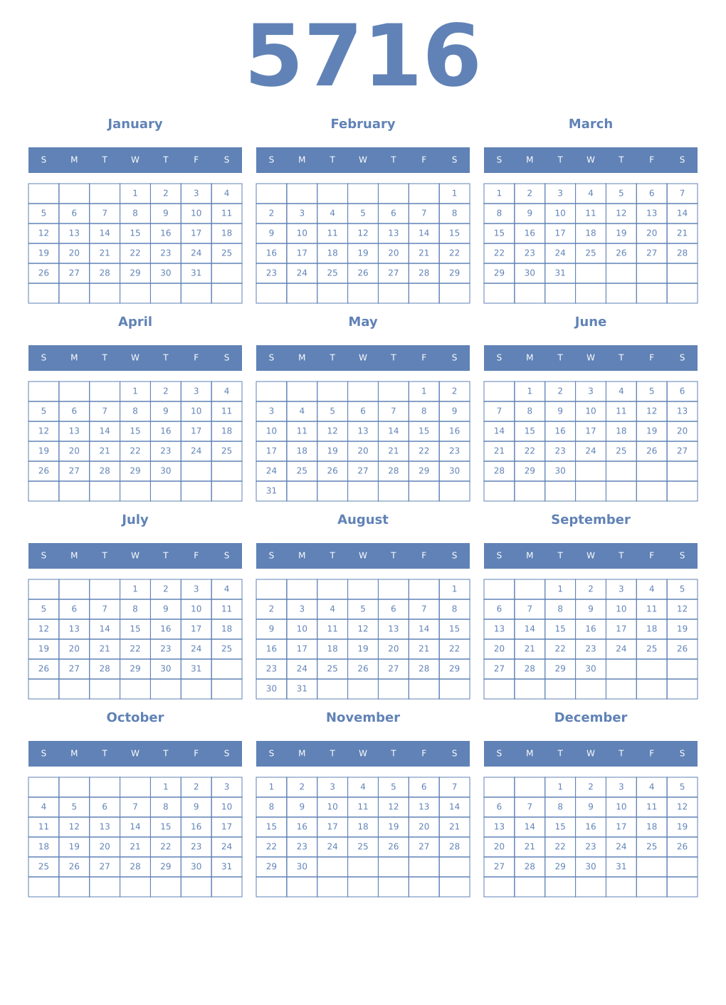 Printable 5716 Year Calendars glaucous