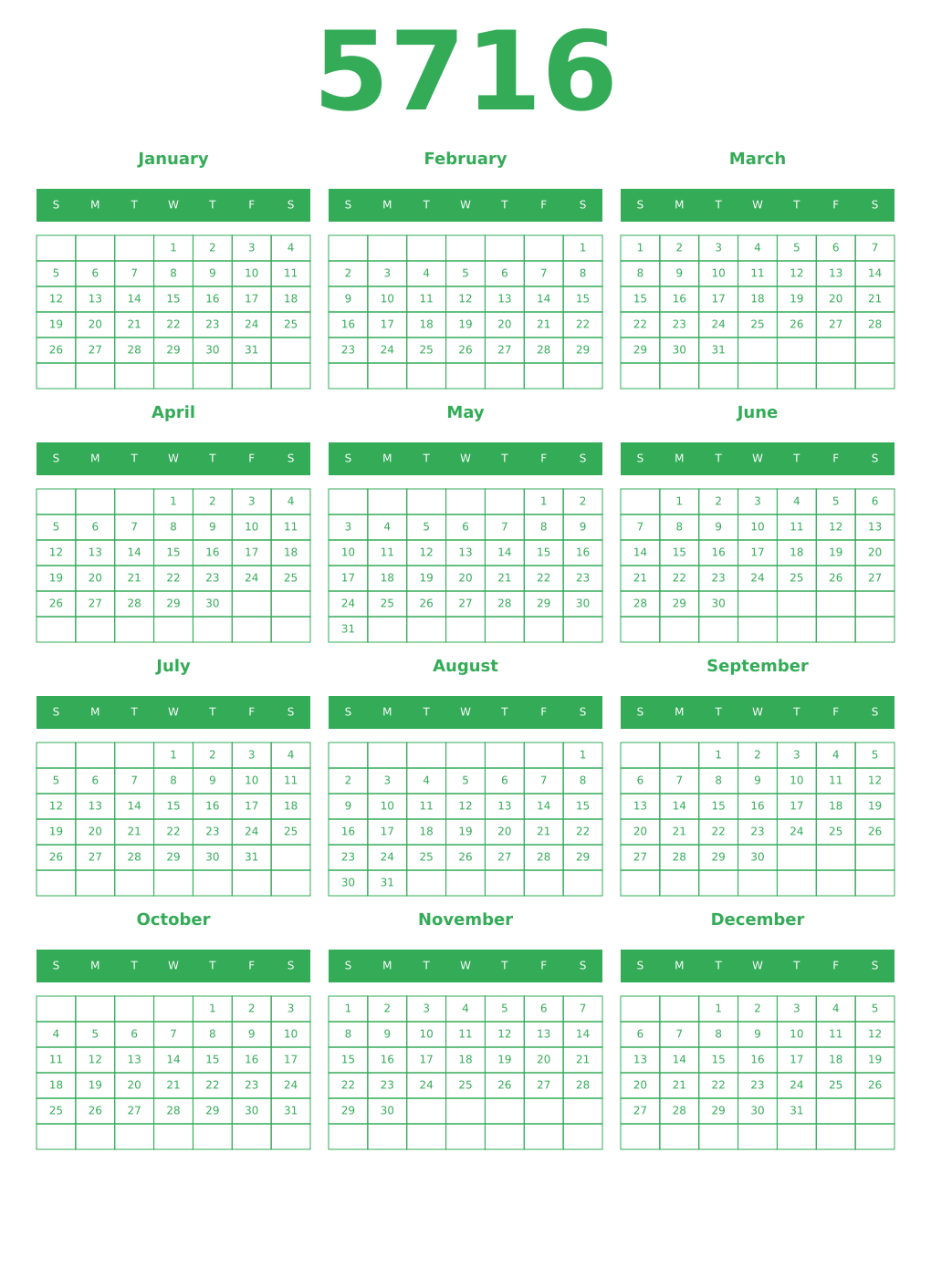 Printable 5716 Year Calendars green