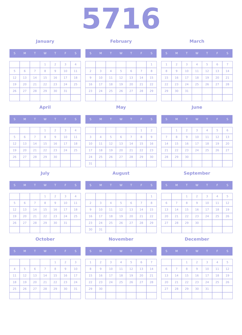 Printable 5716 Year Calendars periwinkle