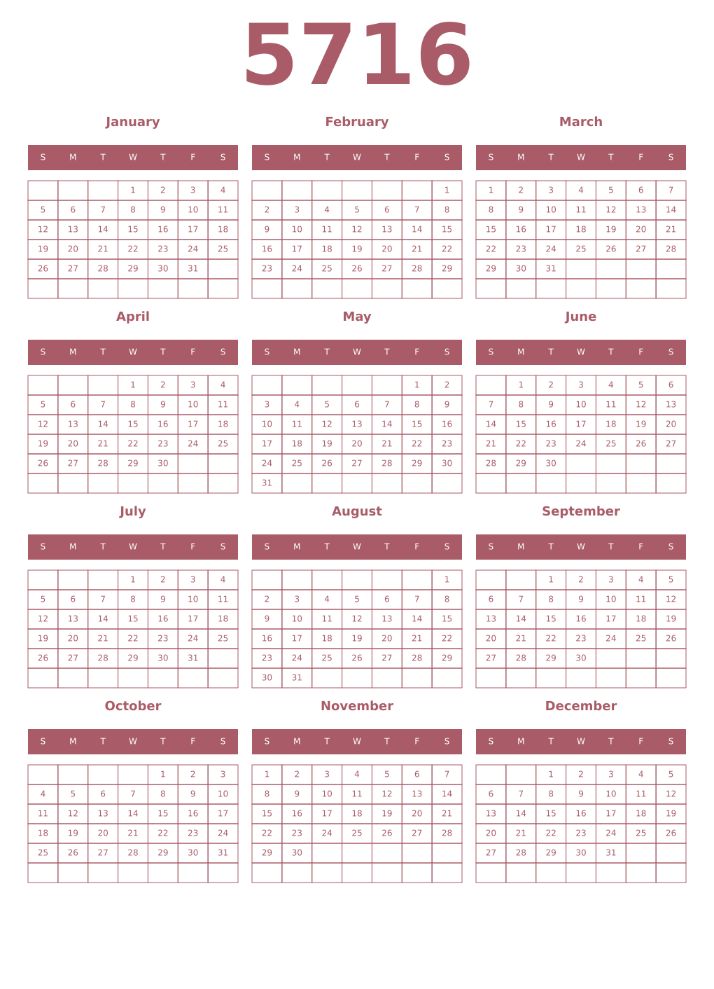 Printable 5716 Year Calendars puce