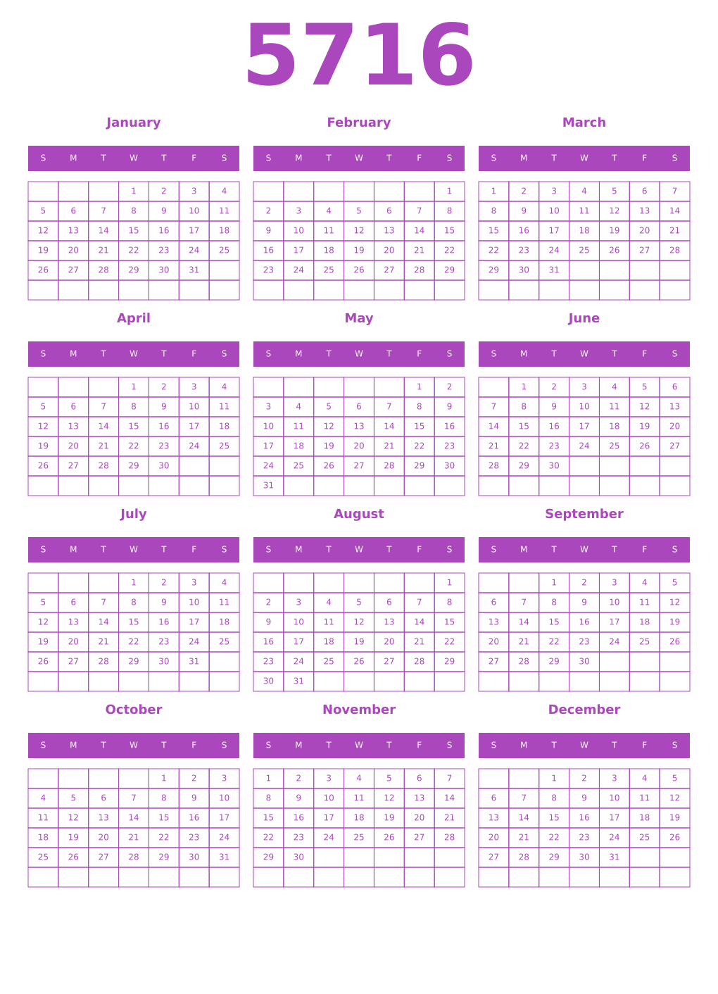 Printable 5716 Year Calendars purple