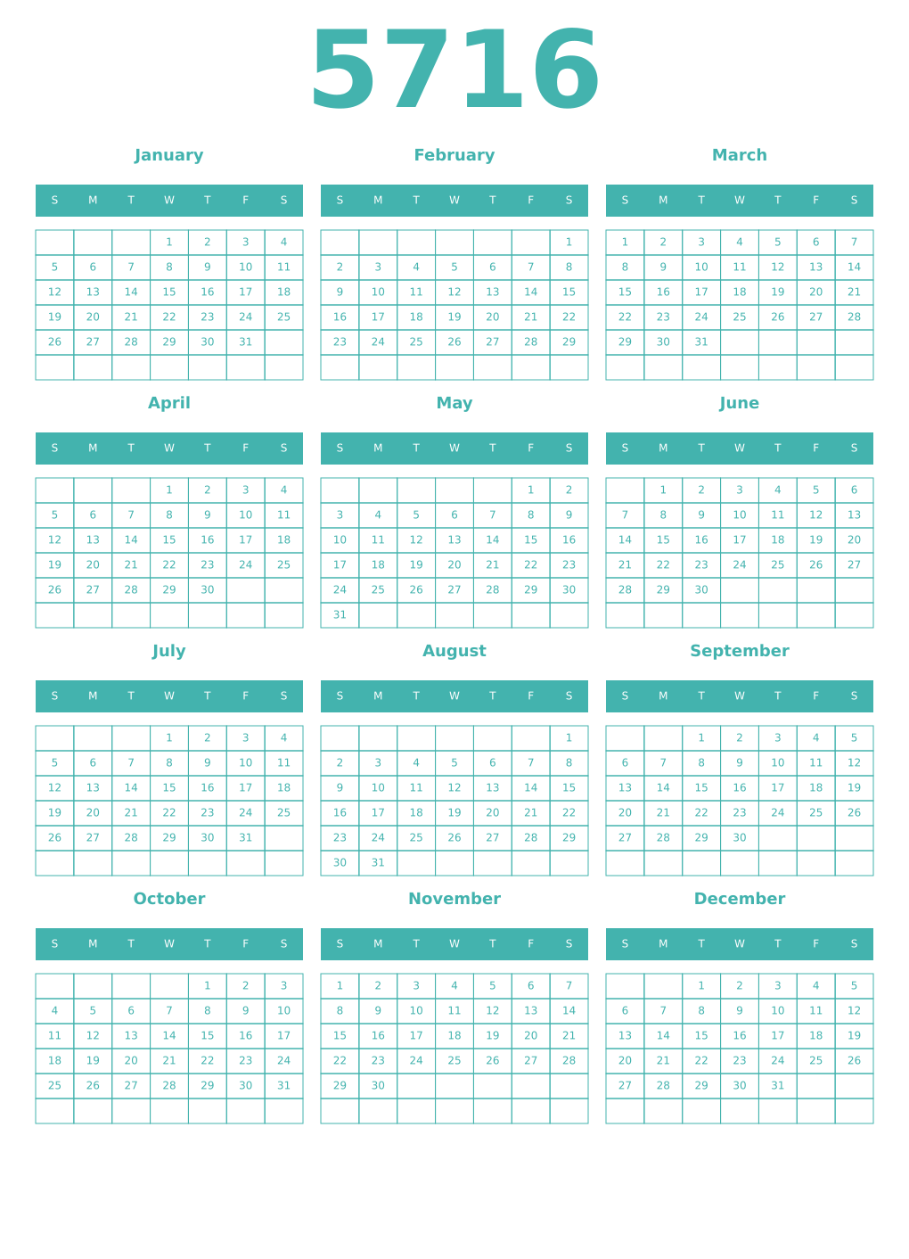 Printable 5716 Year Calendars verdigris