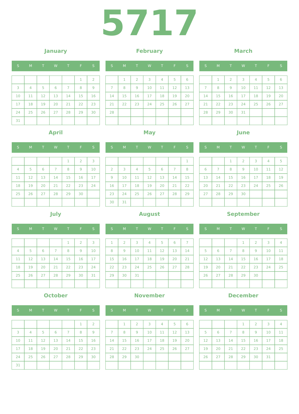 Printable 5717 Year Calendars celadon