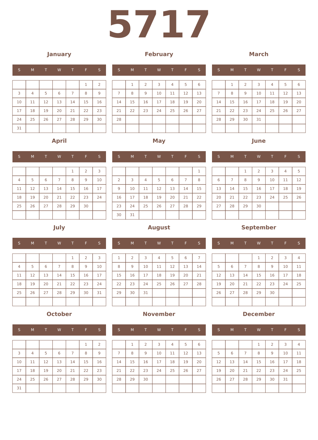 Printable 5717 Year Calendars coffe