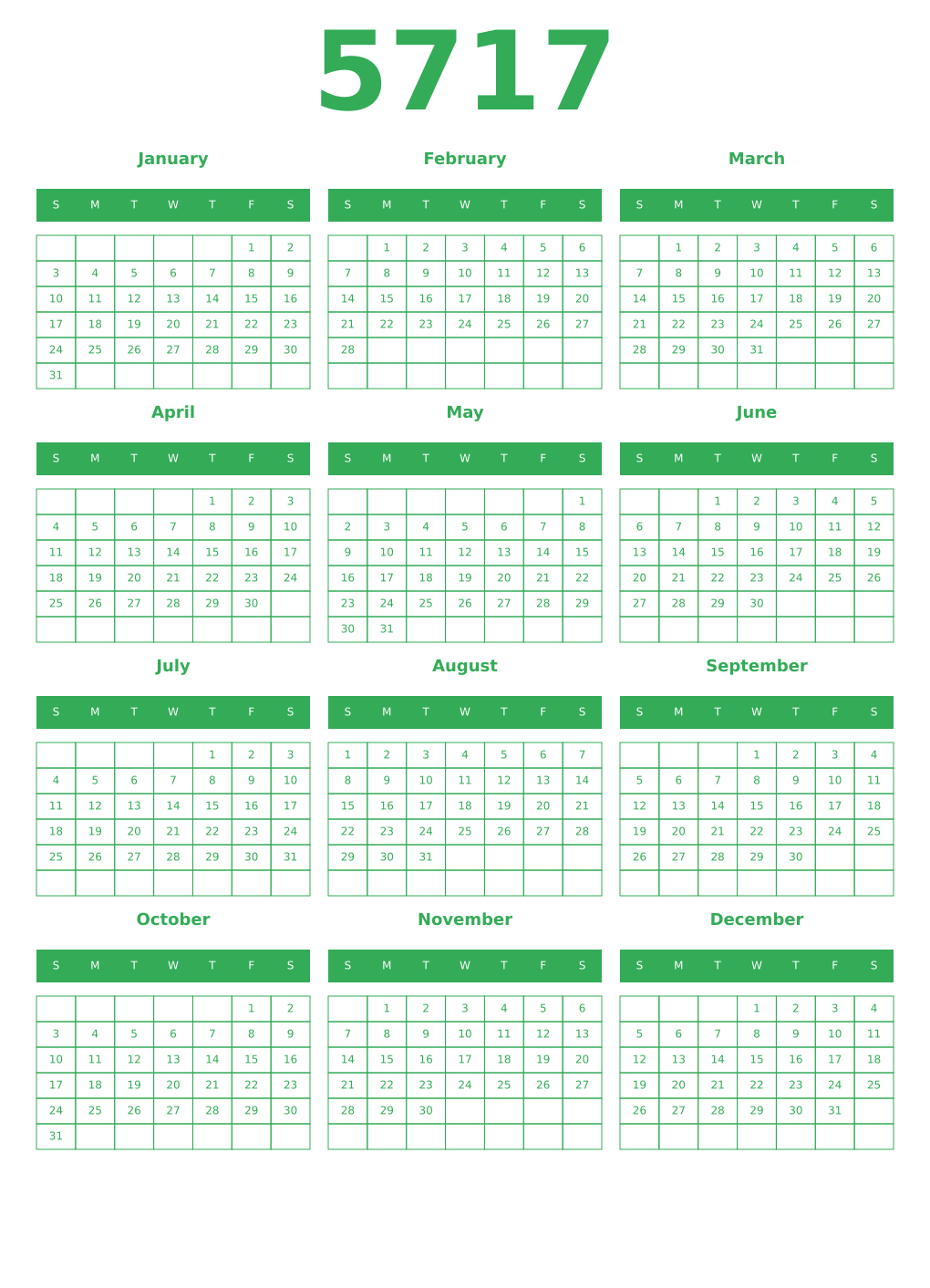 Printable 5717 Year Calendars green