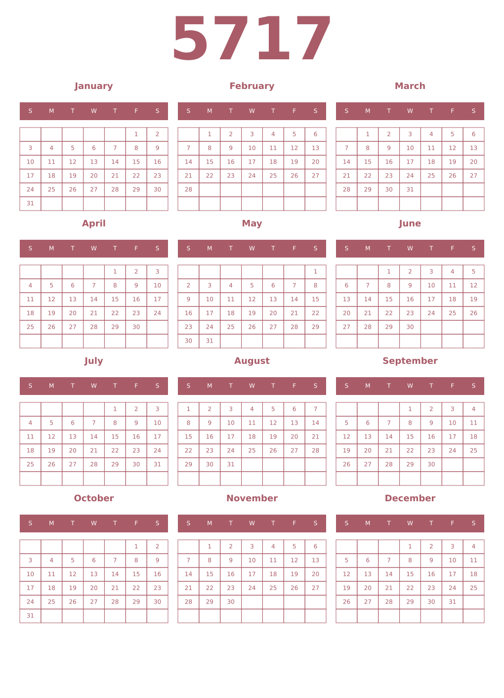 Printable 5717 Year Calendars puce