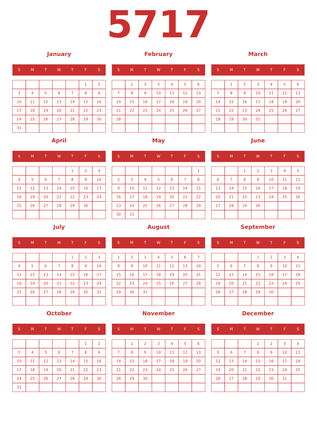 Printable 5717 Year Calendars red