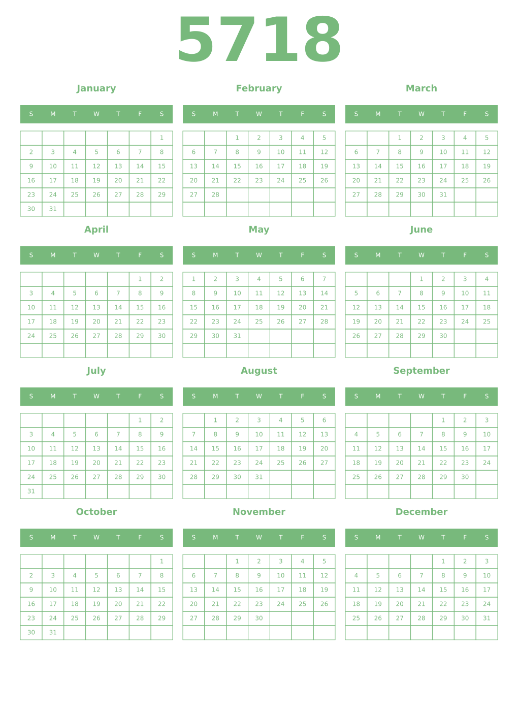 Printable 5718 Year Calendars celadon
