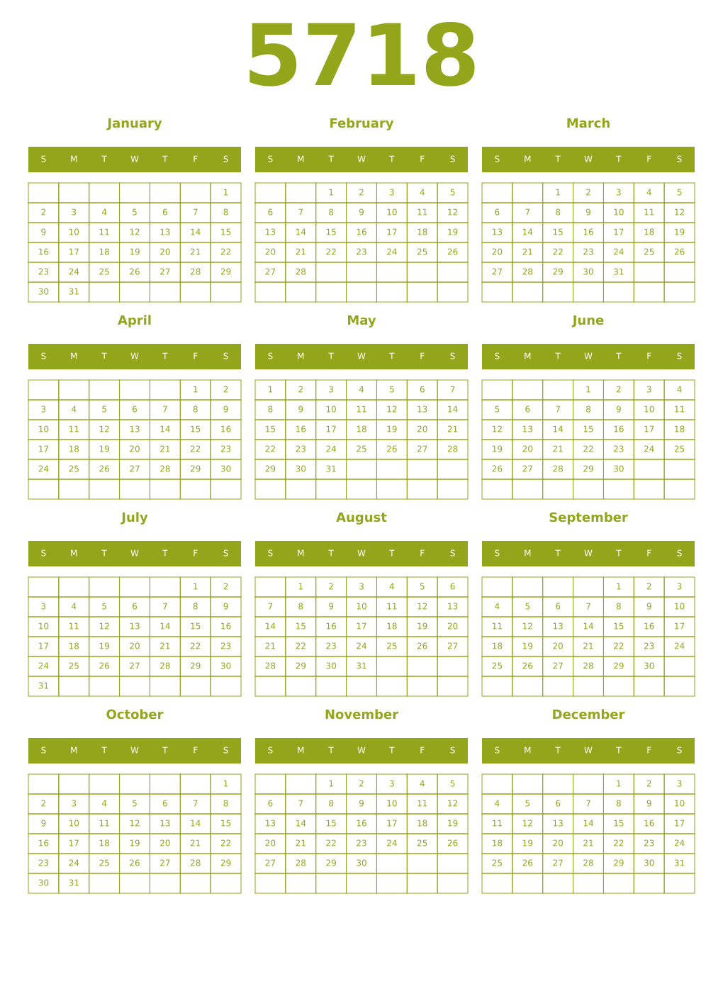 Printable 5718 Year Calendars chartreuse