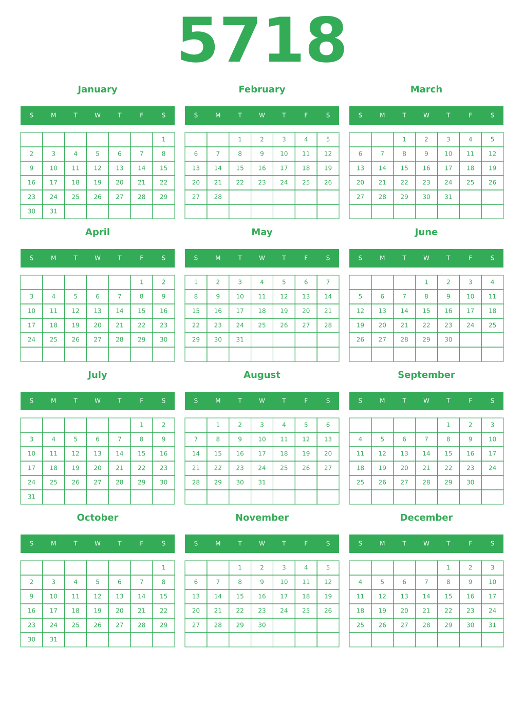 Printable 5718 Year Calendars green