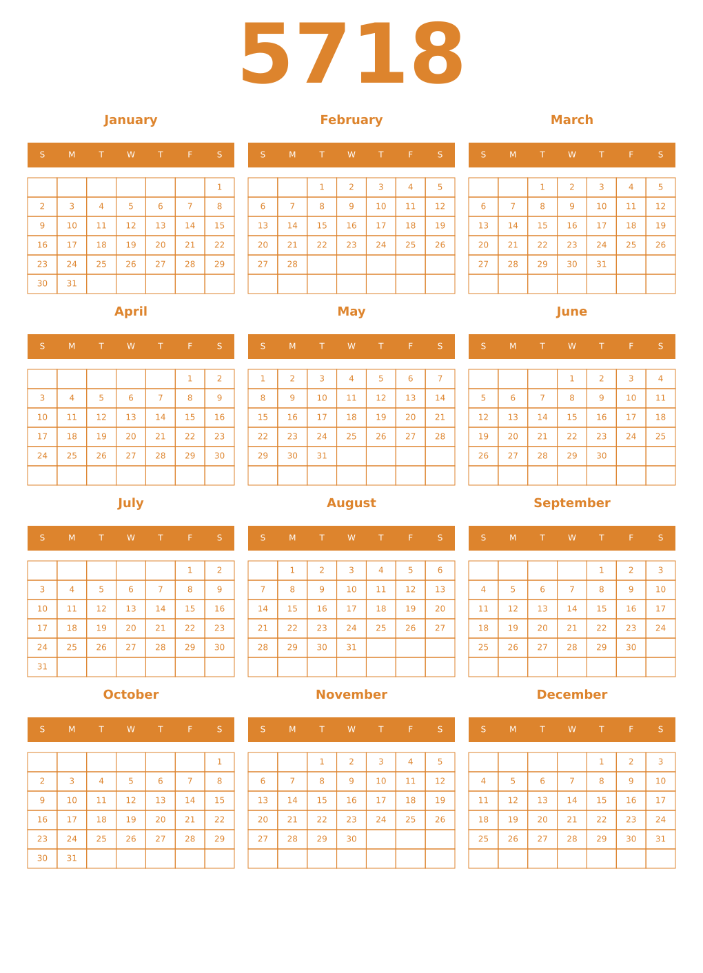 Printable 5718 Year Calendars orange