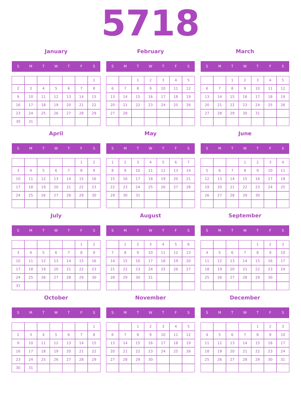 Printable 5718 Year Calendars purple
