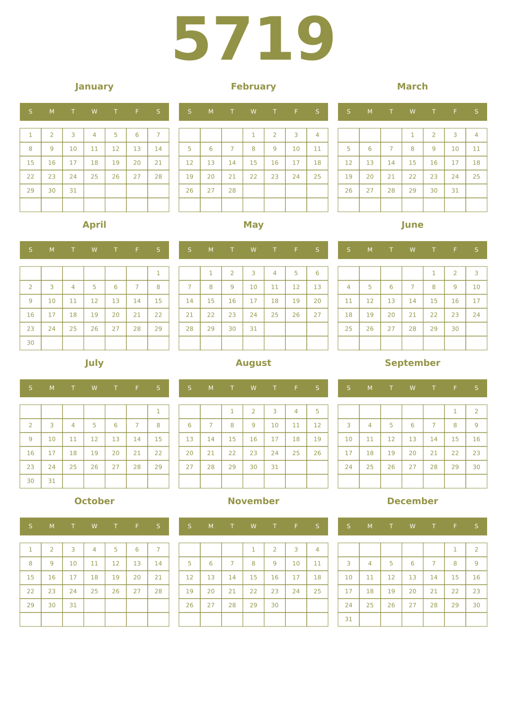 Printable 5719 Year Calendars eburnean