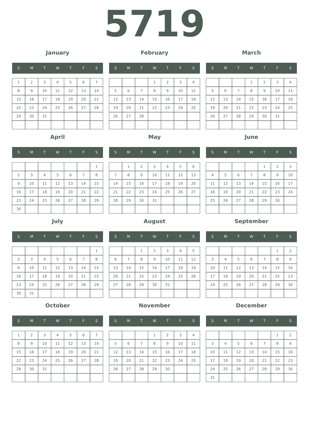 Printable 5719 Year Calendars feldgrau