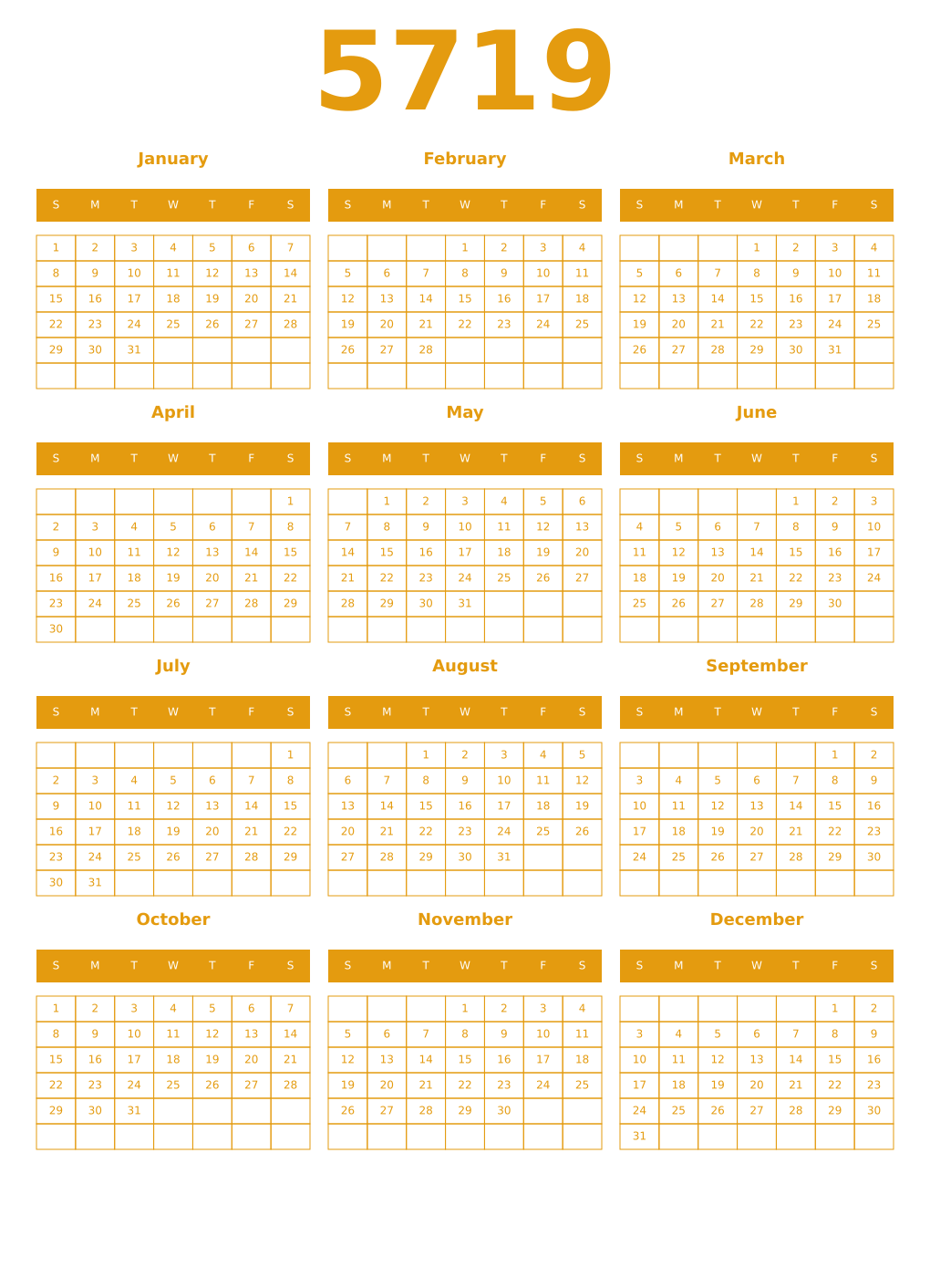 Printable 5719 Year Calendars gamboge