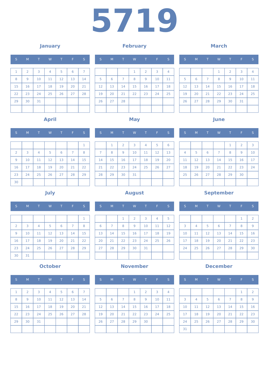 Printable 5719 Year Calendars glaucous