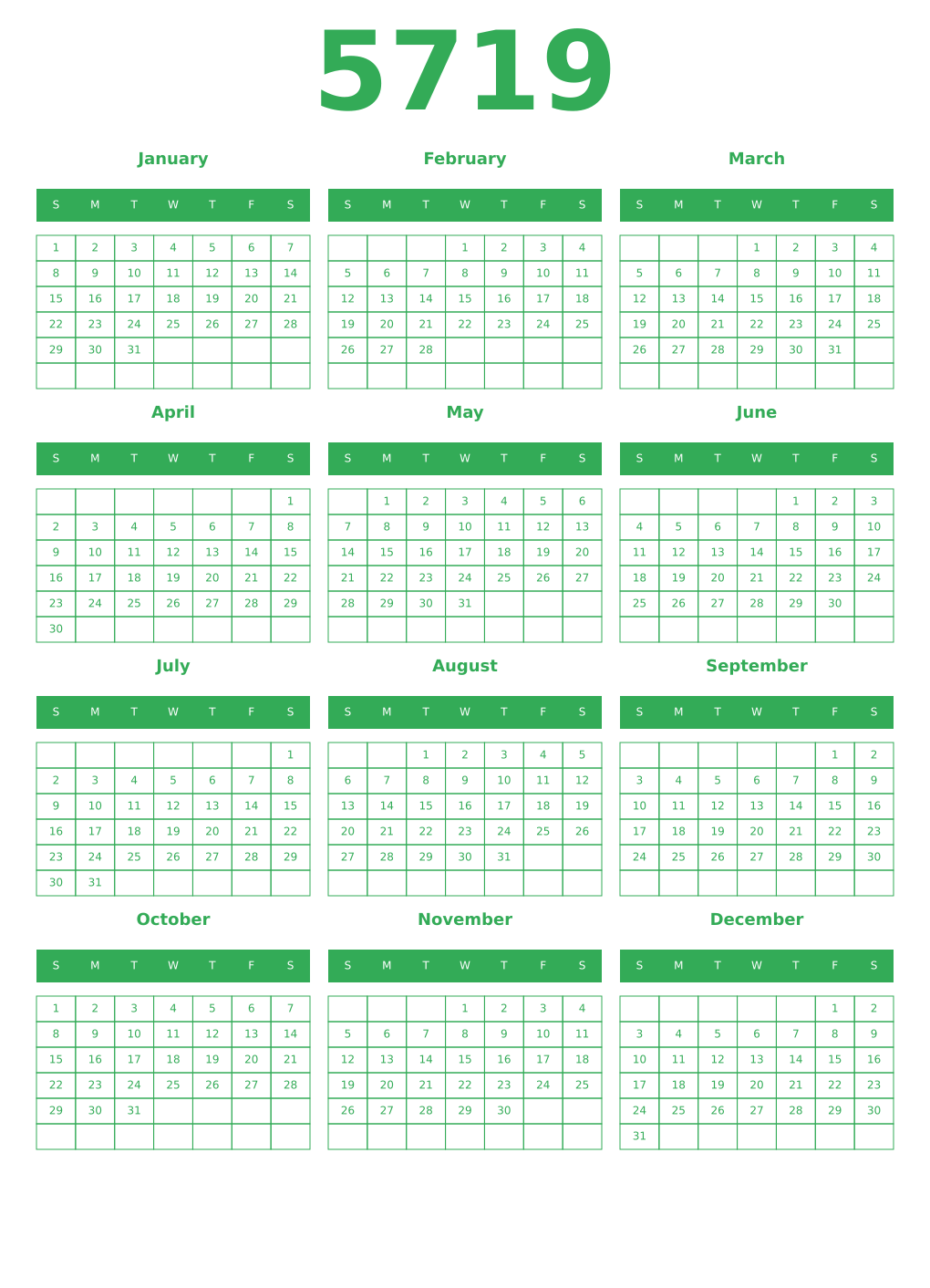 Printable 5719 Year Calendars green