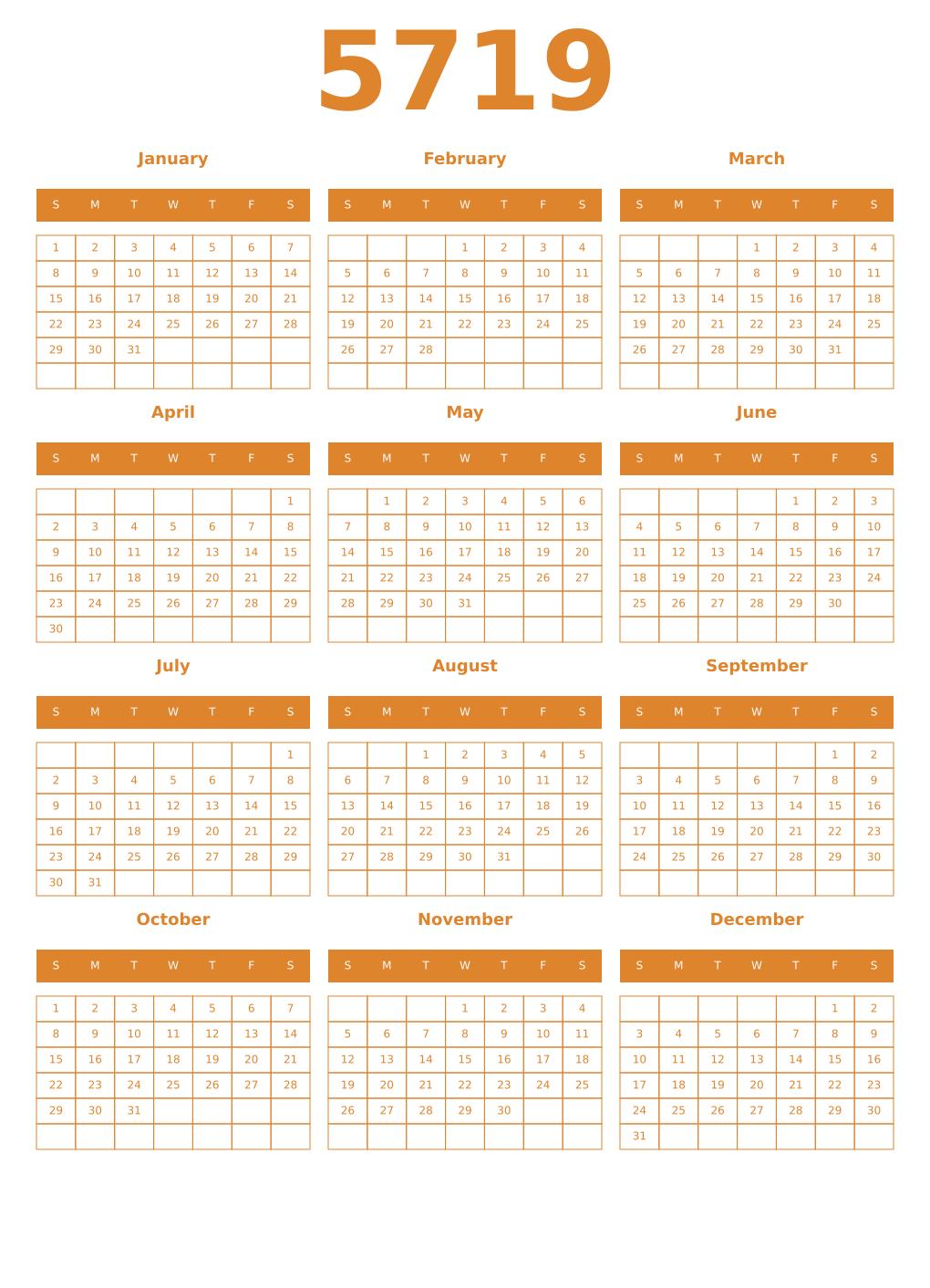 Printable 5719 Year Calendars orange
