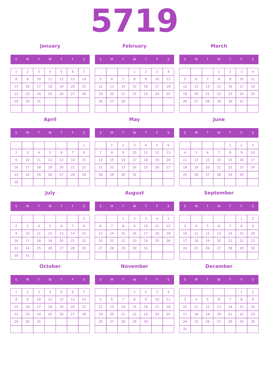Printable 5719 Year Calendars purple