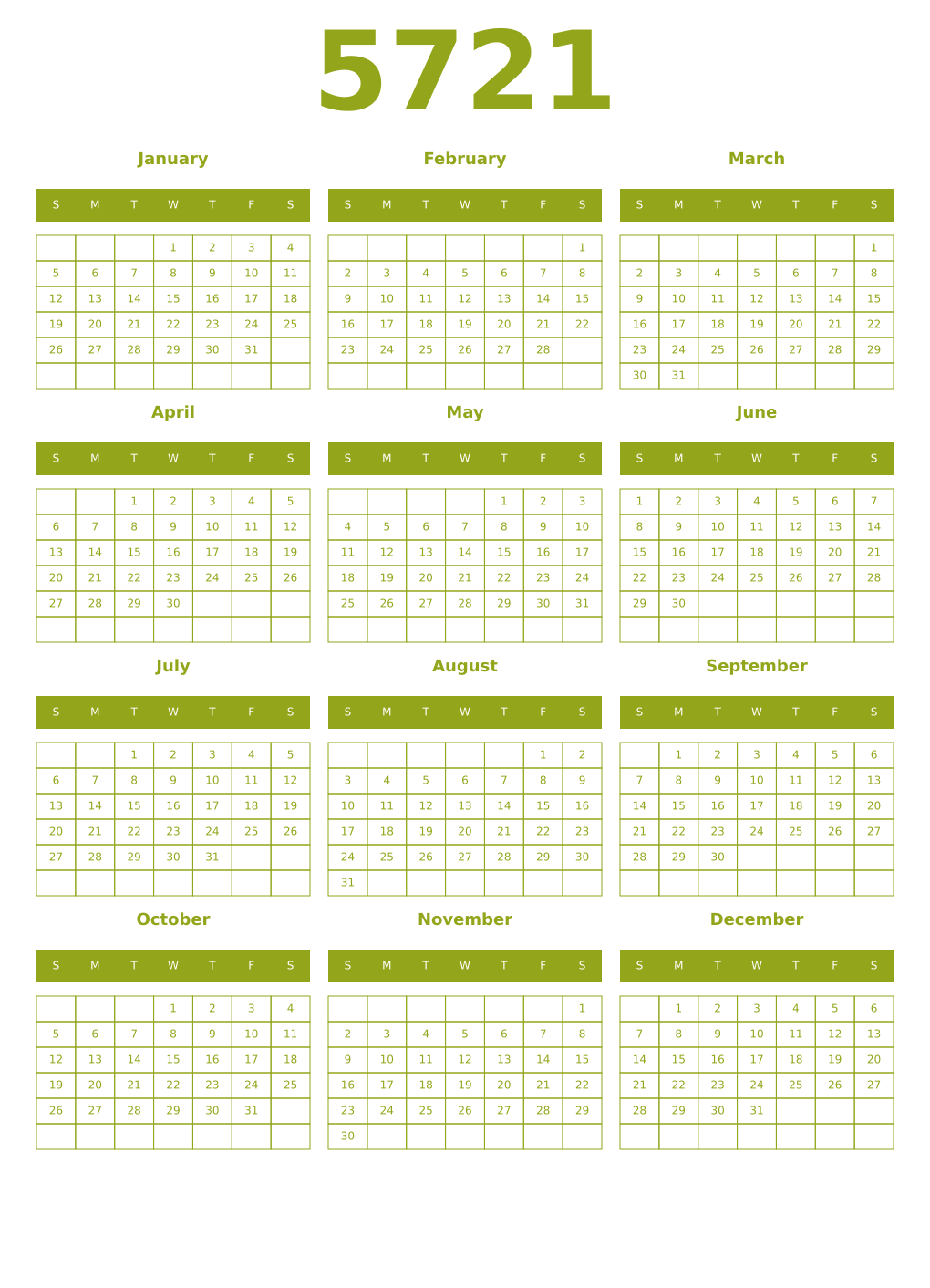 Printable 5721 Year Calendars chartreuse