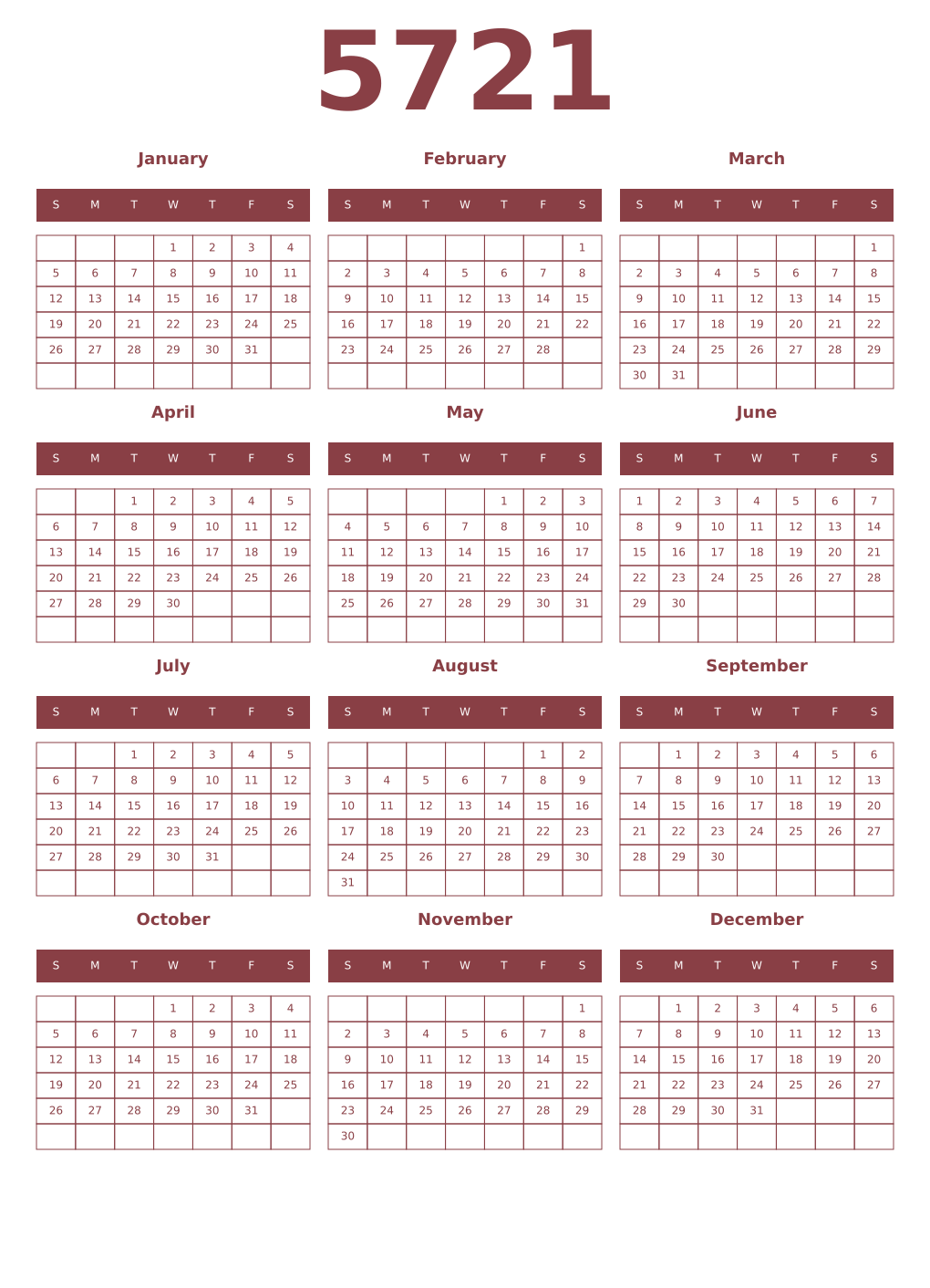 Printable 5721 Year Calendars cordovan