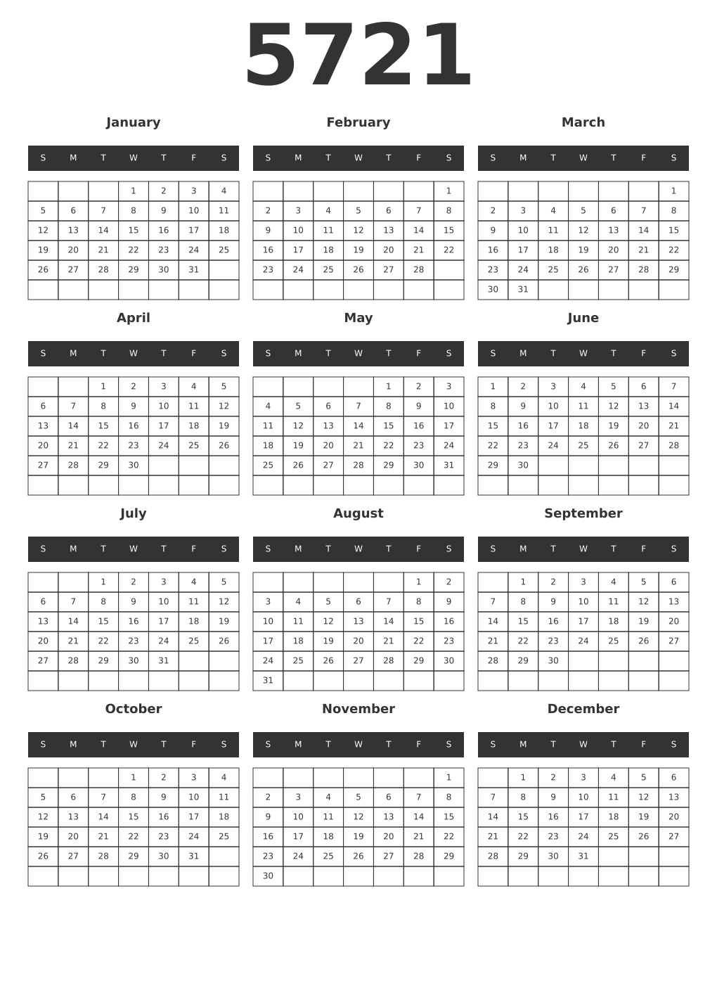 Printable 5721 Year Calendars dark